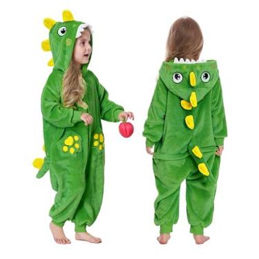 Imagem de TONWHAR Pijama infantil de desenho animado, cosplay, fantasia de Halloween, roupa de festa para meninos e meninas, Dinossauro de bolso verde, 7-8 Anos