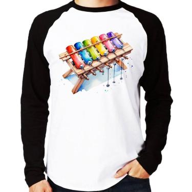 Imagem de Camiseta Raglan Xilofone Manga Longa - Foca na Moda, Branco, Preto, GG