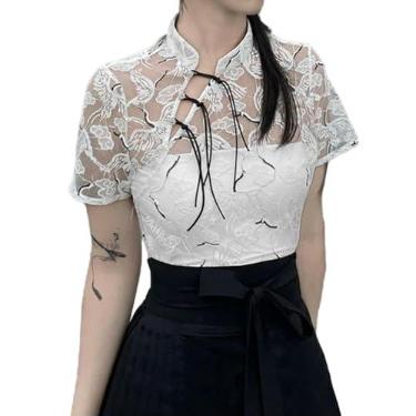 Imagem de MAIFURUN Gola alta bordado de renda guindaste manga curta top onda estampado cavalo rosto saia feminina carnaval festa vestido Hanfu, top, XG