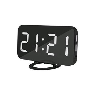 Imagem de Relógio de Mesa Parede Digital com Alarme e Display LED Duas Portas Carregamento USB Modo Dimmer Automático Funções Fáceis Espelho Moderno Bateria Botão Luz Noturna para Quarto Casa Escritório