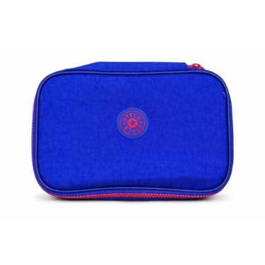 Imagem de Estojo Escolar Box Grande com 2 Compartimentos, 22 Elásticos para Lápis e Canetas, Divisória em Rede com Zíper (Azul/laranja)
