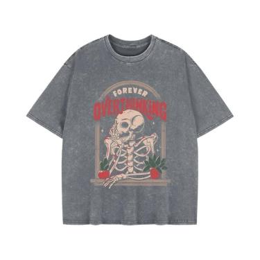 Imagem de Camiseta Feminina Oversized De Algodão Com Estampa De Esqueleto, Gola 