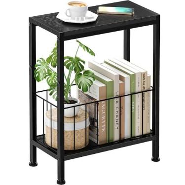 Imagem de Mesa lateral estreita, mesas de canto finas com suporte de revista, pequena mesa de sofá para espaços pequenos, design que economiza espaço, mesa de cabeceira fina para sala de estar, quarto