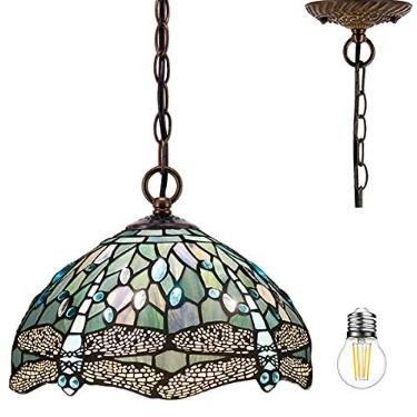 Imagem de Tiffany pendente de iluminação para luminária de ilha de cozinha 30,48 cm azul marinho vitral libélula fazenda boho rústico lustre industrial lustre de LED WERFACTORY bar corredor sala de jantar