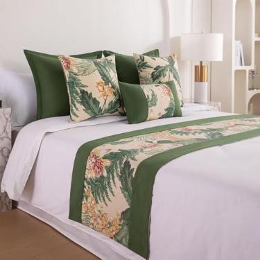 Imagem de Cachecol de corredor de cama de hotel, colcha floral luxuosa, decoração resistente ao desbotamento, protetor de cama elegante, toalha de cama de quarto para cama de solteiro queen size - verde.||50 x