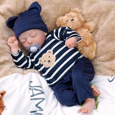 Imagem de SHENGX Bebe Reborn Silicone Realista, Bebê Dormindo Com Os Olhos Fechados, Vestindo Pijama Azul.Boneca De Silicone Artesanal Realista, Boneca Com Bico De Mamadeira Acessórios,menina
