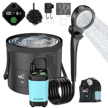 Imagem de Chuveiro de acampamento portátil, 6000 mAh com tela de LED, chuveiro de acampamento com balde dobrável de 5 galões, 3 modos de pulverização para caminhadas, viagens, carro, animais de estimação