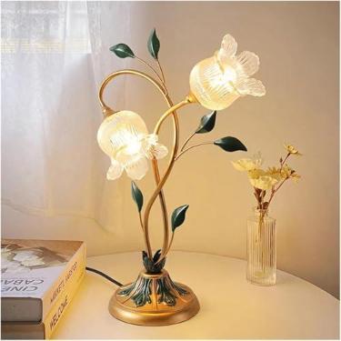 Imagem de Luminária de cabeceira retrô com corpo em bronze, abajur de mesa com cúpula de vidro em formato de flor, estilo antigo, ideal para decoração de casa, leitura na mesa de cabeceira, adequada p