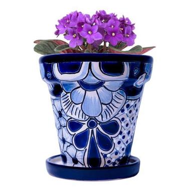 Imagem de COBAZUL Vasos de cerâmica mexicanos - Talavera - Cerâmica mexicana - Vasos de cerâmica para plantas internas e externas com orifício de drenagem e pires - 15 cm L x 14 cm A (branco e azul-médio)