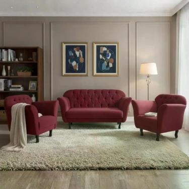 Imagem de Kit Namoradeira + 2 Poltronas Decorativa Dália Suede Marsala Pés Madei