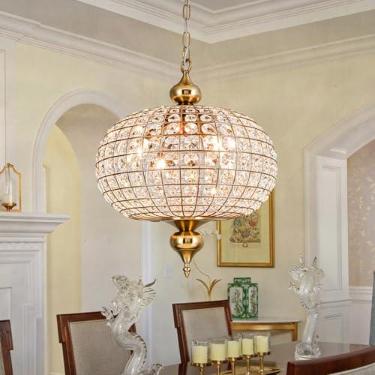Imagem de HUOKU Lustre De Cristal Dourado, 16,5" Vintage, 4 Luzes, Grande, Pendente De Cristal, Luminária Globo Antiga, Lustre De Hall De Entrada Para Sala De Jantar E Sala De Estar