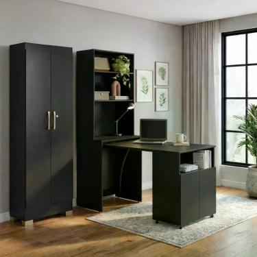 Imagem de Kit Escritório Armário Escrivaninha Retratil Duo com Multiuso Luna 4 Portas MDP 63cm Preto Kit's Paraná