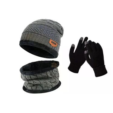 Imagem de Kit de Inverno OEM Geométrica em 100% Lã Antialérgica Adulto Cinza com Luva Touch Touca Forrada e Protetor de Pescoço