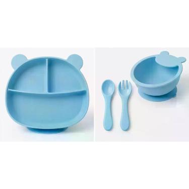 Imagem de Kit Alimentação Silicone Prato + Tigela + Talheres Baby Cor:Azul - Art