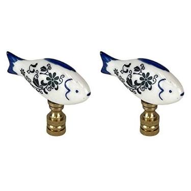 Imagem de Royal Designs, Inc. Acabamento de peixe de porcelana para abajur, latão polido, azul e branco, pacote com 2