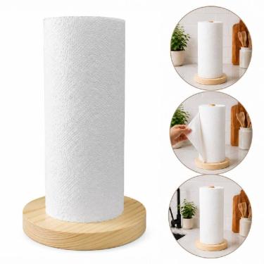 Imagem de Porta papel toalha bambu de bancada suporte vertical para rolo organiz