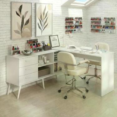 Imagem de Mesa De Manicure Profissional De Canto Em L Com 3 Gavetas Jady Multimóveis Mp6042 Branco