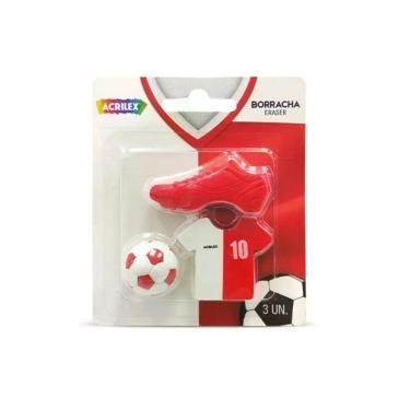Imagem de Borracha Acrilex Borracha Futebol C 3 Unidades com Design Temático em Formato de Bola para Estudantes Branco e Vermelho
