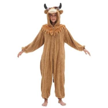 Imagem de vavalad Scotland Cattle Solto – Pijama adulto macacão Halloween Natal cosplay fantasia feminina masculina, Vaca Highland, G