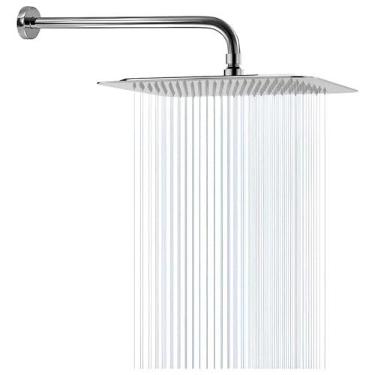 Imagem de Ducha Chuveiro Quadrado Inox Slim 20cm C/Braço Redondo 38cm Inox Brilhante