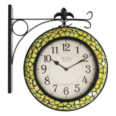Imagem de BESTIME 66298 Relógio de parede dupla face com vitral. Mostrador: 25,4 cm, silencioso, fácil leitura, estação retrô, relógios pendurados antigos para jardim, decoração de casa, interior, exterior