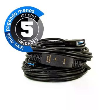 Imagem de Kit com 5 Extensão USB 3.0 Ativo Repetidor Macho Fêmea 15 metros - CIR