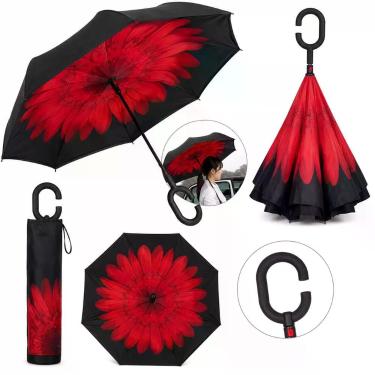 Imagem de Guarda-chuva Dobrável ao Inverso Poliéster Impermeável com Cabo Ergonômico Vermelho Adulto