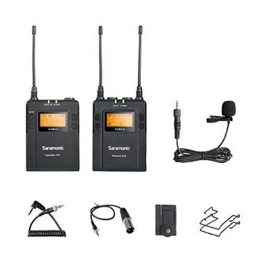 Imagem de Sistema de microfone de lapela sem fio UHF de 96 canais, Saramonic Uwmic9 com clipe omnidirecional para câmeras DSLR Nikon, Canon, filmadora, para gravação de vídeo, ENG, TV, vlogging