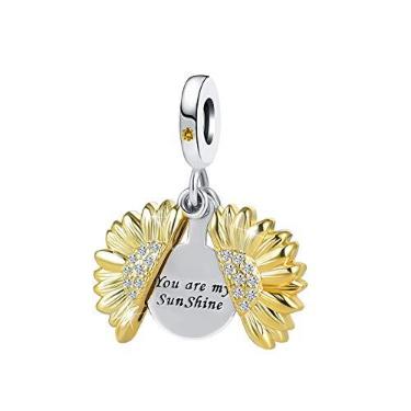 Imagem de QeenseKc Pingente You are My Sunshine Girassol, ouro rosa, pingente de flor aberta, medalhão para pulseira Pandora, Strass Cristal Strass, Cristal sintético