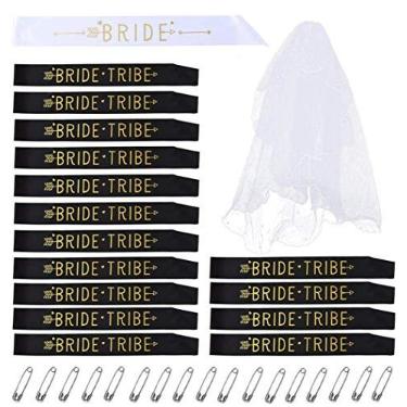 Imagem de Conjunto de faixas para festa de despedida de solteira da Tribo da Noiva: 1 faixa para ser noiva, 15 tribos (faixa de dama de honra), 1 véu em cascata, 17 peças de kit de decorações de casamento para chá de panela, lembranças de festa de noivado e suprimentos