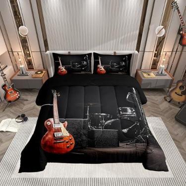 Imagem de Conjunto de edredom Queen com música rock, instrumento musical de violão, 3 peças, para meninos e meninas, kit de bateria, edredom acolchoado para decoração de quarto de crianças, edredom retrô de