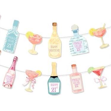 Imagem de Yavxzvbw Decorações de aniversário de 21 anos - Bandeira Martini de garrafa de vinho champanhe rosa Happy 21st Birthday Decorações para ela Finally Legal 21
