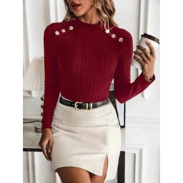 Imagem de Blusa feminina borgonha canelada elástica - blusa de manga comprida com botões e ombros, Borgonha, X-Large