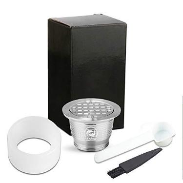 Imagem de Aibecy Compatível com Cápsula de café em aço inoxidável Nespresso Filtro para copo de cápsula de café reutilizável e recarregável com anel de prensa de pó para colher de escova