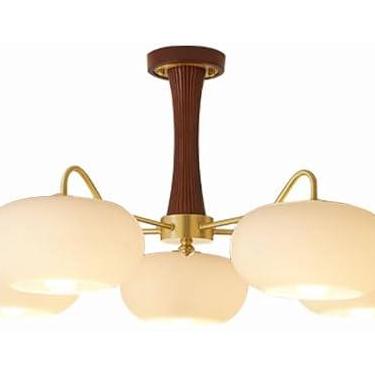 Imagem de Lustre de 3 luzes, lustre antigo de latão com vidro leitoso, luminária pendente de madeira semi-embutida, vintage, de fazenda, lustre moderno de meados do século para quarto, sala de estar,