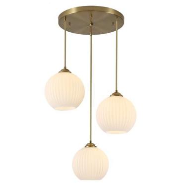 Imagem de KCO Luminária pendente de 3 luzes de aglomerado de luz, lustre de vidro de leite, luz pendente de globo moderno de meados do século, lustre redondo dourado, casa de fazenda, sala de jantar, luminárias