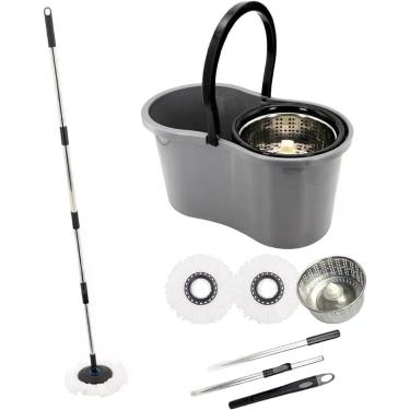 Imagem de Mop com Balde Giratorio Cesto em Inox 9L Lava e Seca com 2 Refis de Microfibra para Limpeza Residencial Cinza