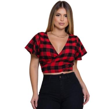 Imagem de Blusa Feminina Transpassada Amarrar Xadrez São João Festa Junina - - D
