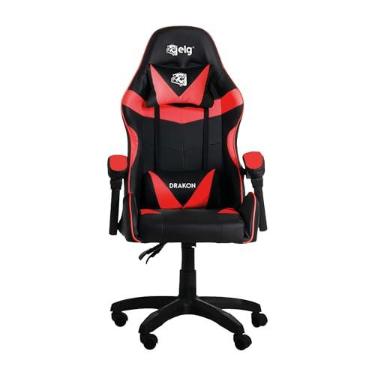 Imagem de ELG, CH31BKRD, Cadeira Gamer Drakon c/Apoio Dorsal e Cervical, Encosto Reclinável, Apoio de Braços Articulado, Suporta até 140kg, Preto/Vermelho