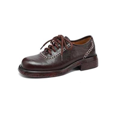 Imagem de TinaCus Sapato Oxford feminino grosso de couro legítimo feito à mão bico redondo com cadarço casual para negócios, Borgonha, 36