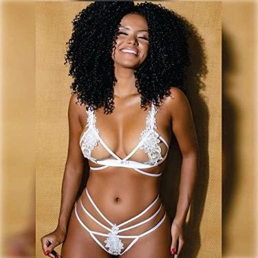 Imagem de Tallyta Lingerie Conjunto Ilusion Secret Sutiã Bordado Tule Calcinha Fio Dental Branco Tamanho G