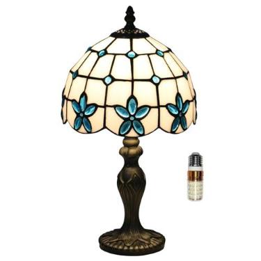 Imagem de tuomoxte Candeeiro de mesa estilo Tiffany, lâmpada de vitral de 20 cm, luminária de mesa pequena antiga, luminária de cabeceira para quarto, sala de estar, escritório, padrão de flor azul, inclui