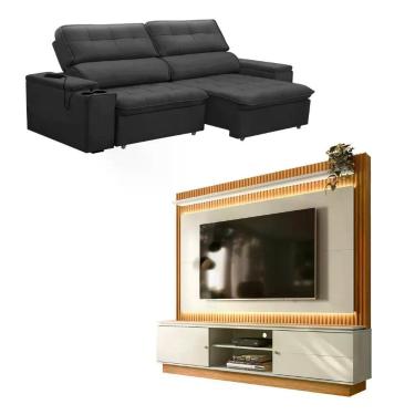 Imagem de Kit Sofá 3 Lugares Genebra com Estante Home Led MDP 210cm Grafite Nature Off White Ferguile Estofados