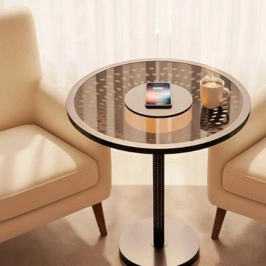 Imagem de JOOFO Mesa de extremidade, mesa lateral com luz ambiente e carregamento sem fio, mesa de cabeceira, mesa de canto pequena para quarto e sala de estar, luminária com regulação de toque, mesa de