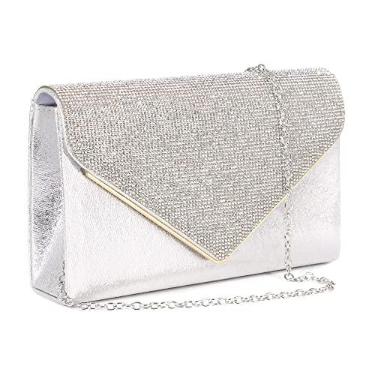 Imagem de Naimo Bolsa clutch feminina com strass para noite, envelope de cetim, bolsa de corrente para festa de casamento, Strass de cetim prata, One Size