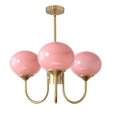 Imagem de BOKT Lustre Sputnik rosa moderno globo de ouro escovado Sputnik luminária 3 luzes pendentes de vidro de meados do século ajustável de altura vintage grande lustres de bola