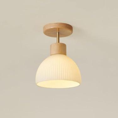 Imagem de Luminária de teto mini, luminária de teto de madeira e vidro, semi-embutida, soquete E27, luminária de teto rústica para hall de entrada, corredor, passagem e vestiário.