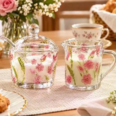 Imagem de Kit Açucareiro com Colher e Leiteira de Vidro Relevo Rosa Spring Hausk