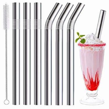 Imagem de Canudos de aço inoxidável, canudos de metal reutilizáveis extragrandes para milkshake, Smoothie, Beverage, 1 escova de limpeza, Prata, set of 6-0.4"