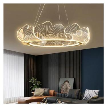 Imagem de Lustre luxuoso, moderno, folha de lótus, acrílico, luzes pendentes de LED, quarto, sala de estar, sala de jantar, decoração, abajur, lustres criativos simples, dia68cm-branco quente